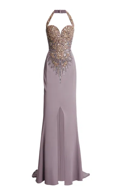 Zuhair Murad Heavy Cady Palm Leaf Embroidered Long Dress In Purple