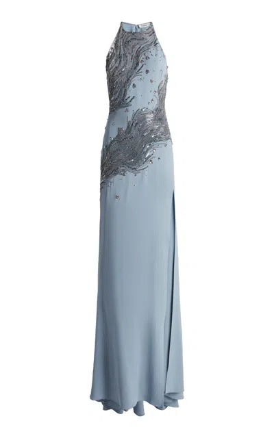 Zuhair Murad Heavy Cady Wave Motion Embroidered Long Dress In Blue