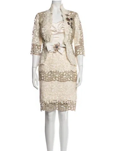 Pre-owned Zuhair Murad Lace Pattern Beaded Accents Dress Set In Neutrals