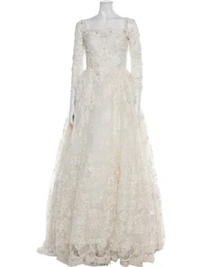 Pre-owned Zuhair Murad Lace Pattern Long Dress In Neutrals