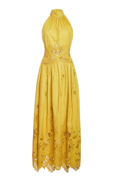 Zuhair Murad Lace-insert Cotton Midi Dress In Yellow