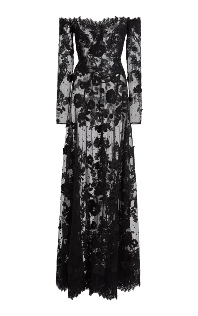 Zuhair Murad Life Tree Tulle Embroidered Maxi Dress In Black