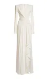 Zuhair Murad Light Cady V-neck Long-sleeved Draped Maxi Dress In White