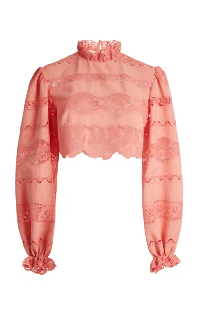 Zuhair Murad Madras Broderie Cropped Blouse In Pink