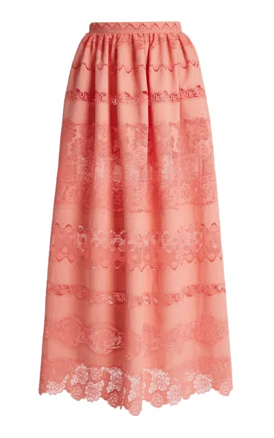 Zuhair Murad Madras Broderie Tiered Midi Skirt In Pink