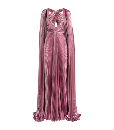 Zuhair Murad Metallic Pleated Cape Gown In Pink