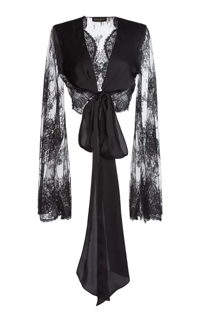 Zuhair Murad Mixed Lace Chiffon Cropped Wrap Blouse In Black