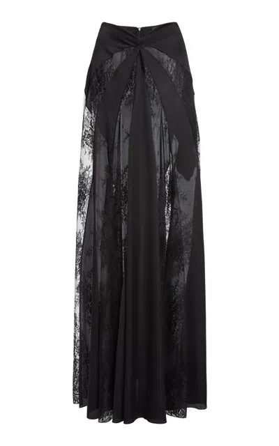Zuhair Murad Mixed Satin Chiffon Lace Panel Maxi Skirt In Black