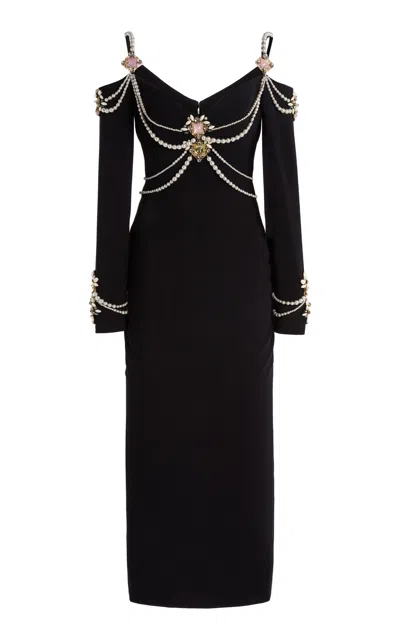 Zuhair Murad Off-shoulder Maharaja Embroidered Cady Midi Dress In Black