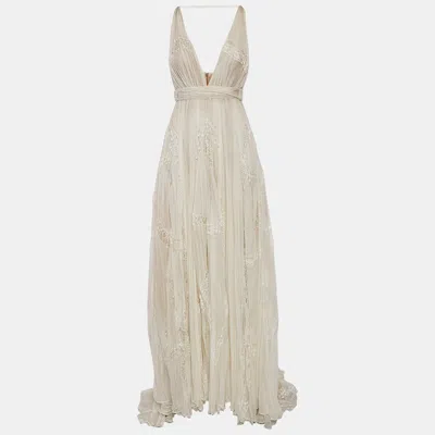 Pre-owned Zuhair Murad Off White Lace Trim Silk Pleated Gown And Feather Cape Xs