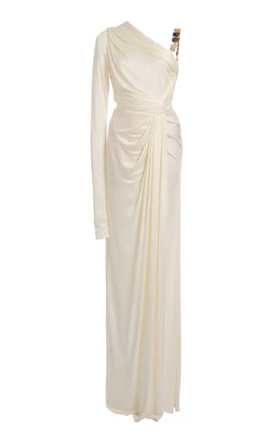 Zuhair Murad One Shoulder Draped Embellished Gown In White