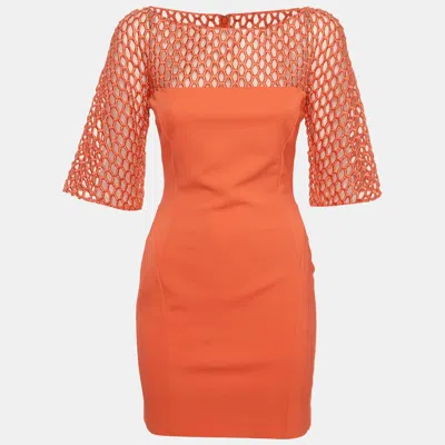 Pre-owned Zuhair Murad Orange Stretch Knit And Mesh Shift Mini Dress S