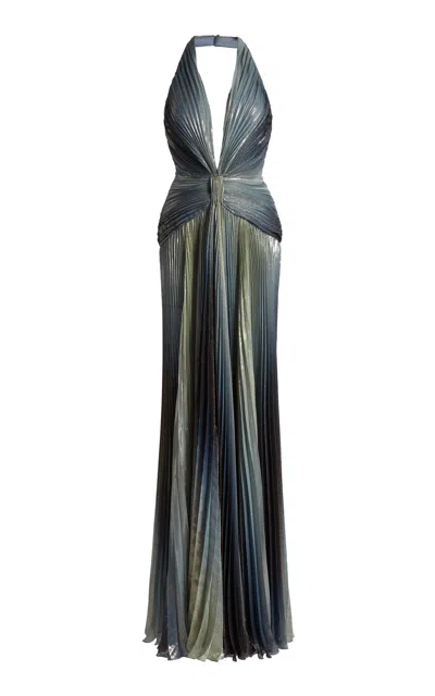 Zuhair Murad Printed Lame Plisse V-neck Long Dress In Blue