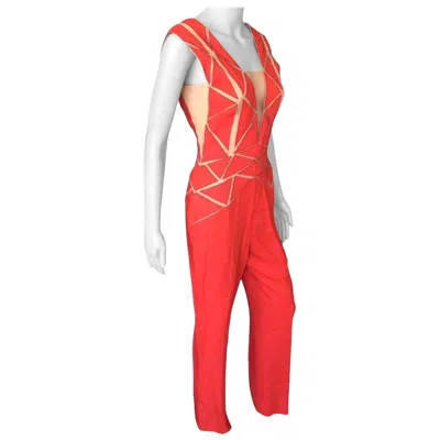 Pre-owned Zuhair Murad Resort 2015 Runway Plunged Sheer Tulle Cutout Red Romper Jumpsuit