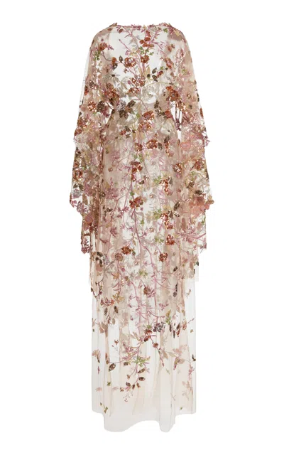 Zuhair Murad Sequins Tulle Beaded Kaftan Cape Maxi Dress In Gold