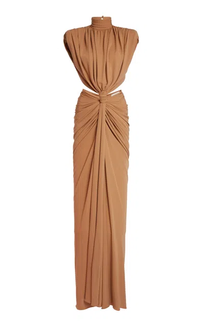 Zuhair Murad Silk-blend Draped Jersey Maxi Dress In Brown