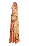 Zuhair Murad Silk-blend Twill Tree Print Halter Maxi Dress In Orange