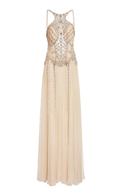 Zuhair Murad Silk Chiffon Beaded Halter Maxi Dress In Neutral