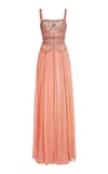 Zuhair Murad Silk Chiffon Beaded Strapless Cape Maxi Dress In Pink