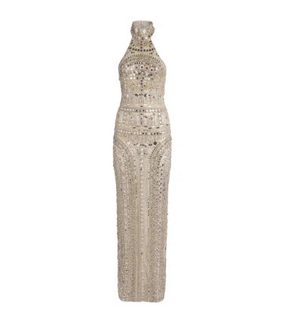 Zuhair Murad Silk Embellished Halterneck Gown In Neutral
