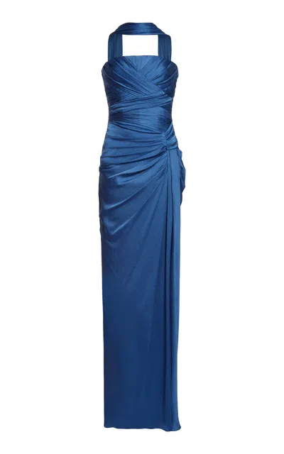 Zuhair Murad Silk Gathered Strapless Gown In Blue