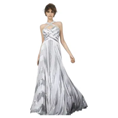 Pre-owned Zuhair Murad , Silver Metallic Chevron Gown Braided Bodice Rhinestone Cross-strap