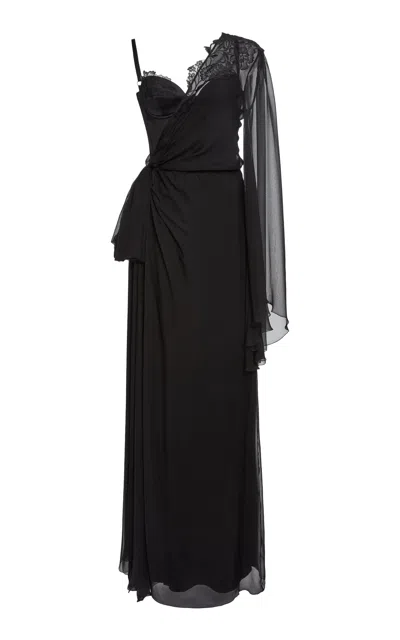 Zuhair Murad Single-sleeve Satin Wrap Dress In Black