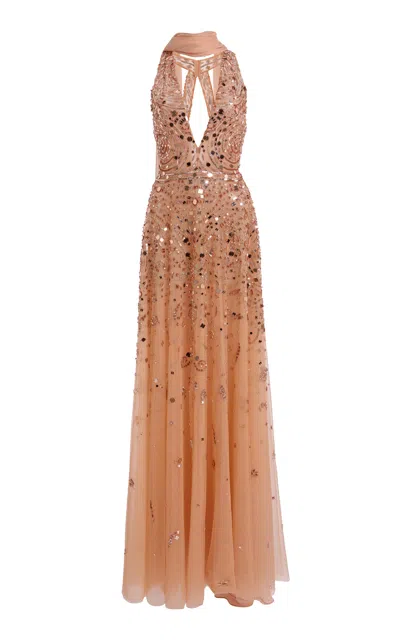 Zuhair Murad Sleeveless Deep V Embellished Gown In Orange