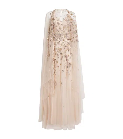 Zuhair Murad Tulle Embellished Bouquet Cape Dress In Pink