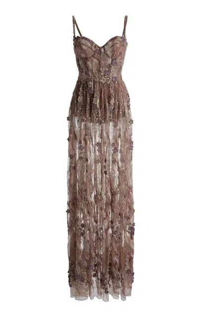 Zuhair Murad Tulle Embroidered Long Dress In Multi