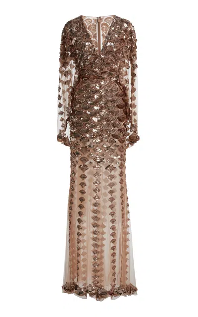 Zuhair Murad Tulle Full Sand Shell Embroidered Long Dress In Gold