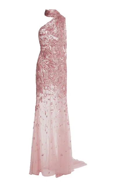 Zuhair Murad Tulle Guppy Fish Embroidered Scarf-neck Long Dress In Pink