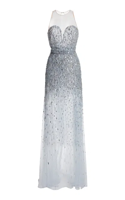 Zuhair Murad Tulle Sand Embroidered Long Dress In Blue