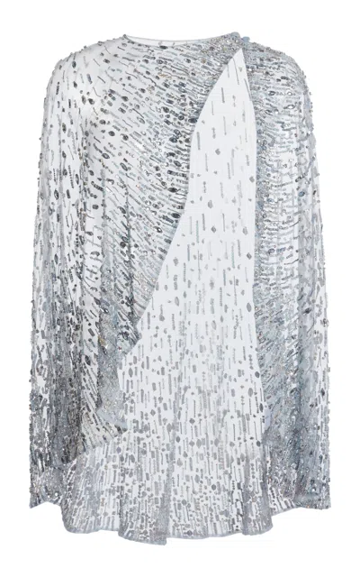 Zuhair Murad Tulle Sand Embroidered Short Cape In Blue