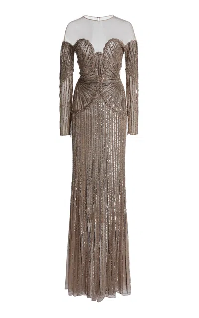 Zuhair Murad Tulle Sand Shell Embroidered Long Sleeves Long Dress In Silver