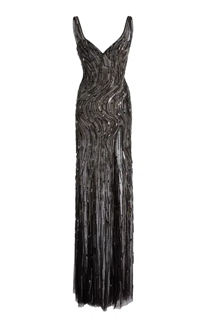Zuhair Murad Tulle Wave Motion Embroidered Long Dress In Black
