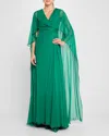 ZUHAIR MURAD V-NECK CAPE-SLEEVES CHIFFON GOWN