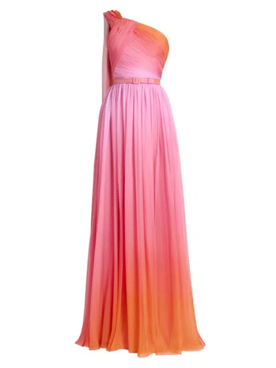 Zuhair Murad Miami Gradient Chiffon One-shoulder Cape Gown In Sea Gradiant