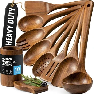 Zulay Kitchen 10-piece Wooden Spoons For Cooking - Smooth Finish Teak Wooden Utensils For Cooking In Brown