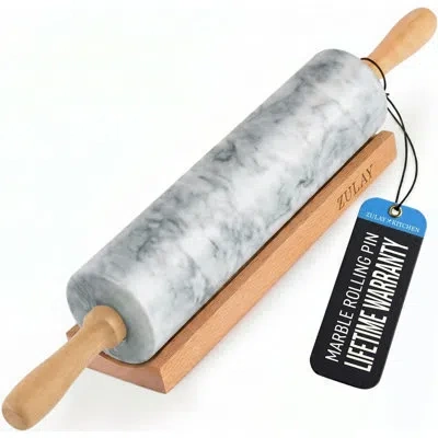 Zulay Kitchen 17-inch Marble Rolling Pin With Stand - Polished Marble Rolling Pins For Baking With Long Beechwood  In Gray