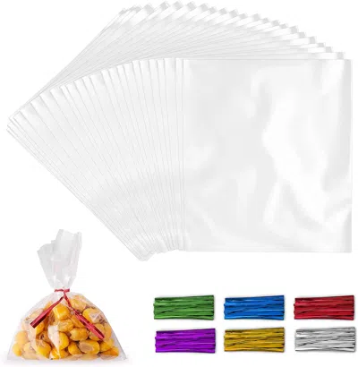 Zulay Kitchen 200 Pack Thick Plastic Candy Bags With Ties For Goodie Bags (3x4) In White