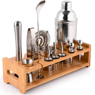Zulay Kitchen 24 Piece Stainless Steel Professional Bartender Set With Accessories With Bamboo Stand In Silver