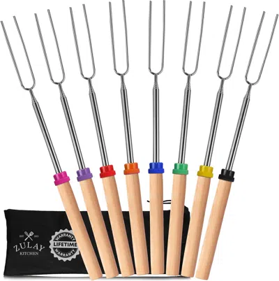 Zulay Kitchen 32 Inch Long Marshmallow Roasting Sticks Extendable Design (8 Pack) In Brown
