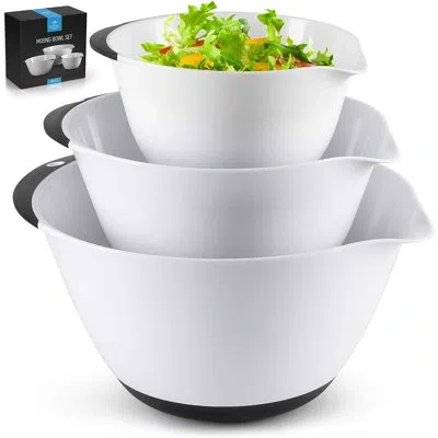 Zulay Kitchen 3-piece Mixing Bowl Set - Plastic Mixing Bowls With Handles & Non Slip Bottom In White