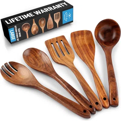 Zulay Kitchen 5-piece Natural Teak Wooden Utensils For Cooking In Brown