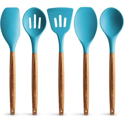 Zulay Kitchen 5 Piece Silicone Utensils Set With Authentic Acacia Wood Handles In Blue