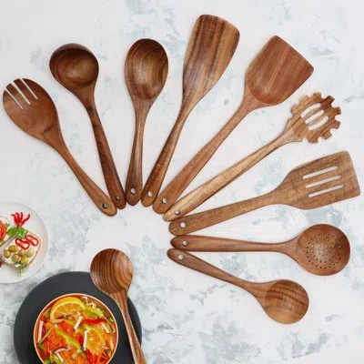 Zulay Kitchen 9-piece Teak Wooden Utensils For Cooking - Natural Teak Utensil Set With Premium Gift Box - Non-stic In Brown
