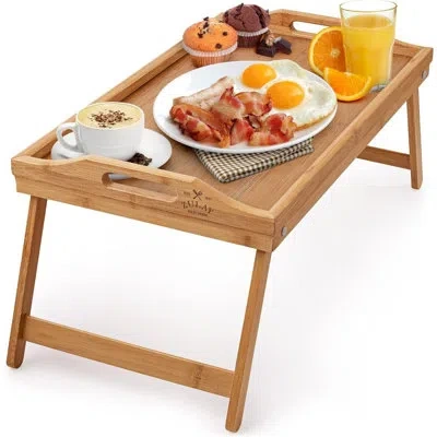 Zulay Kitchen Bamboo Bed Tray Table With Foldable Legs - Breakfast Serving Tray Table In Brown