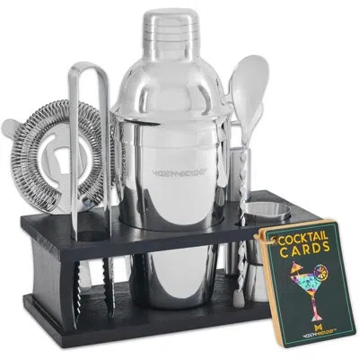 Zulay Kitchen Bartender Kit - 8-piece Silver Cocktail Shaker Set With Black Wood Stand, Recipe Cards, And Bar Acce
