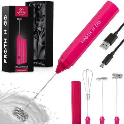 Zulay Kitchen Froth N Go Milk Frother – Rechargeable 3-in-1 Handheld Frother Wand With Travel Case & Usb-c Charger In Red